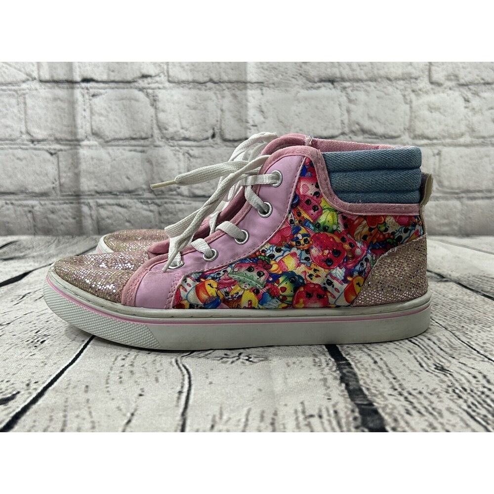 Girls Shopkins Sneakers Hightop Shoes Pink With Sparkle Lace Up Colorful Size 2